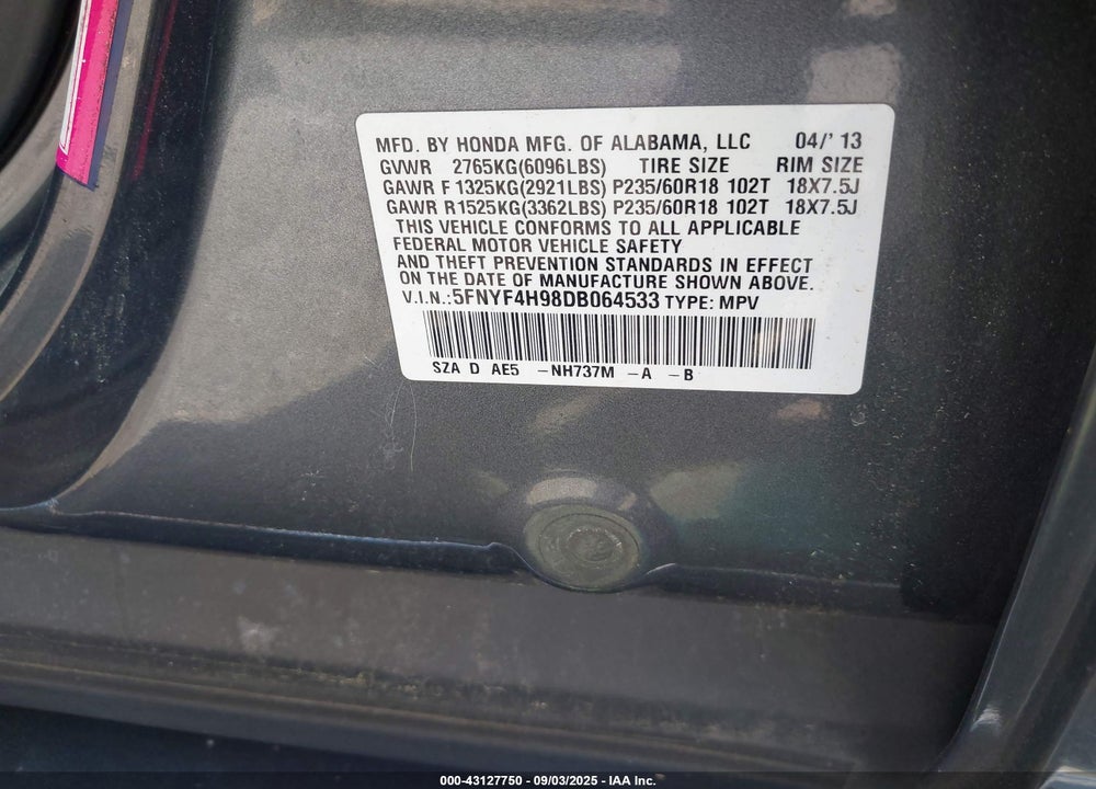 2013 HONDA PILOT VIN: 5FNYF4H98DB064533