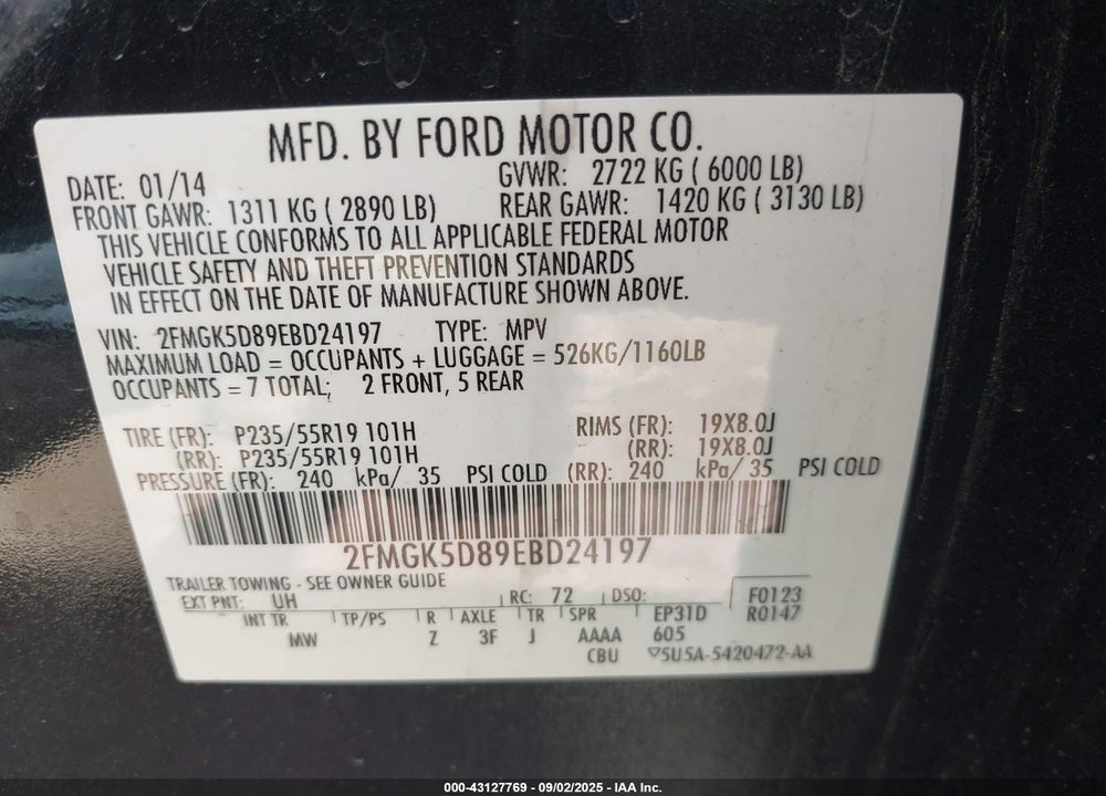 2014 FORD FLEX LIMITED VIN: 2FMGK5D89EBD24197