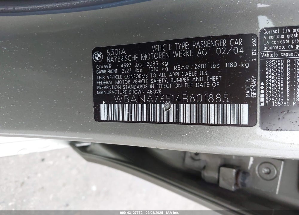 2004 BMW 530I VIN: WBANA73514B801885
