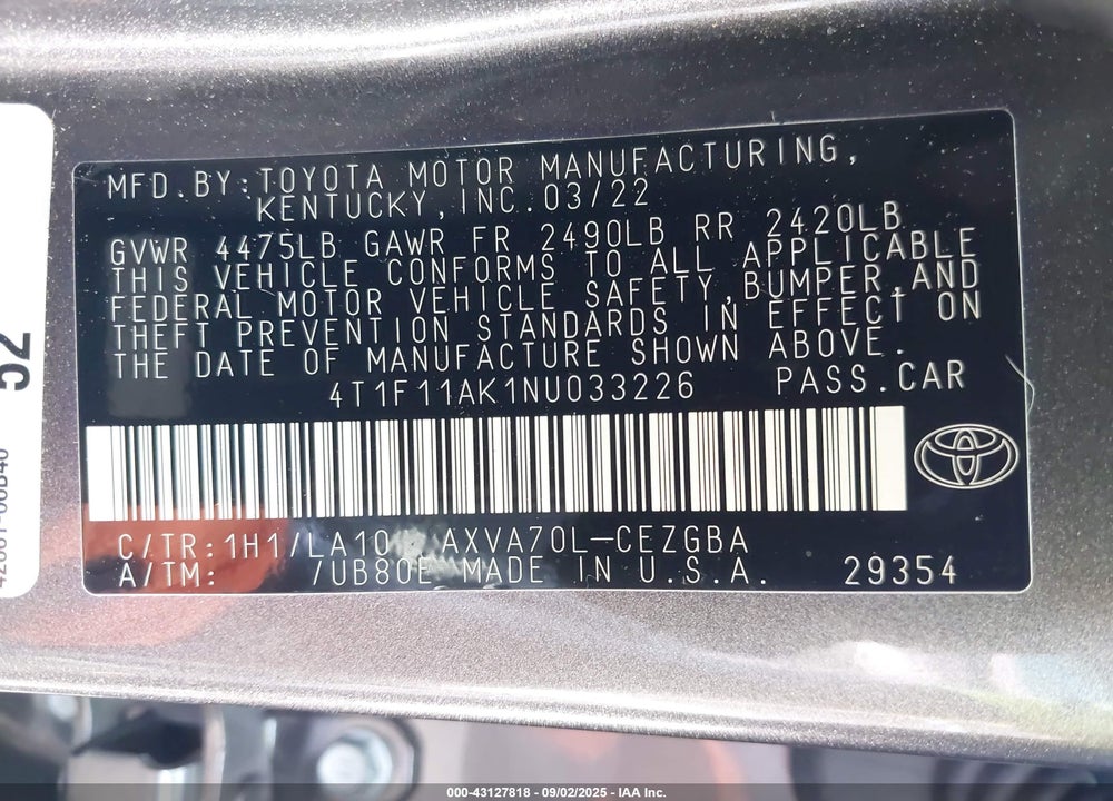 2022 TOYOTA CAMRY XLE VIN: 4T1F11AK1NU033226