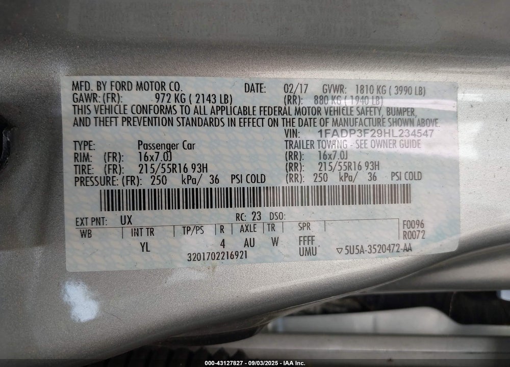 2017 FORD FOCUS VIN: 1FADP3F29HL234547