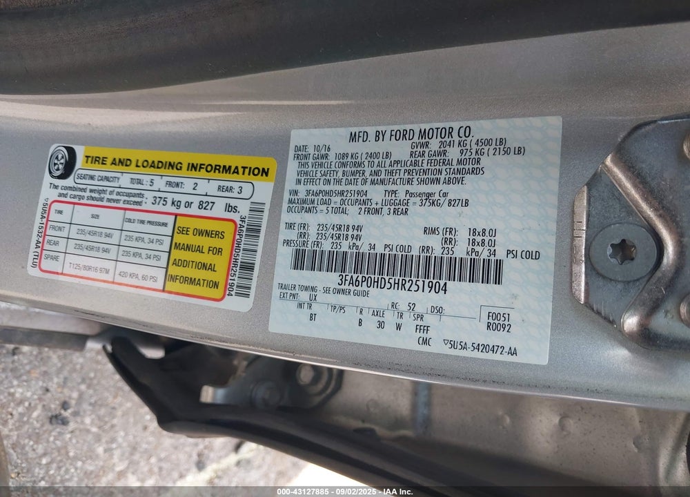 2017 FORD FUSION VIN: 3FA6P0HD5HR251904