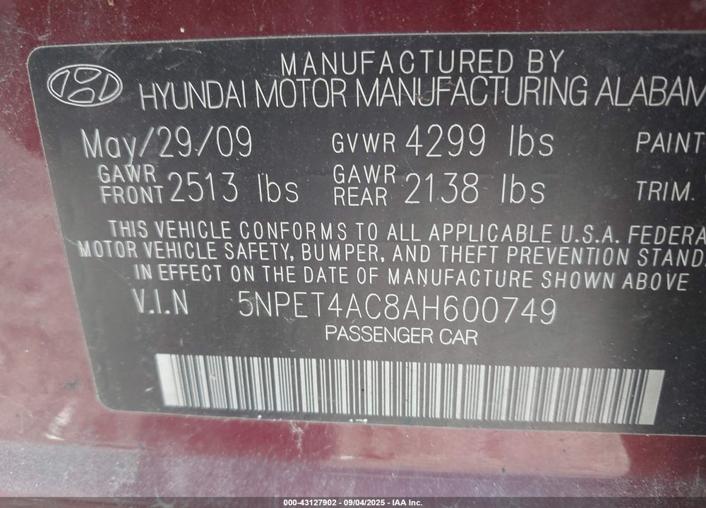 2010 HYUNDAI SONATA VIN: 5NPET4AC8AH600749