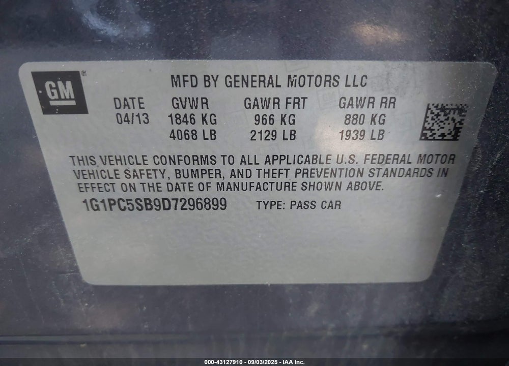 2013 CHEVROLET CRUZE VIN: 1G1PC5SB9D7296899