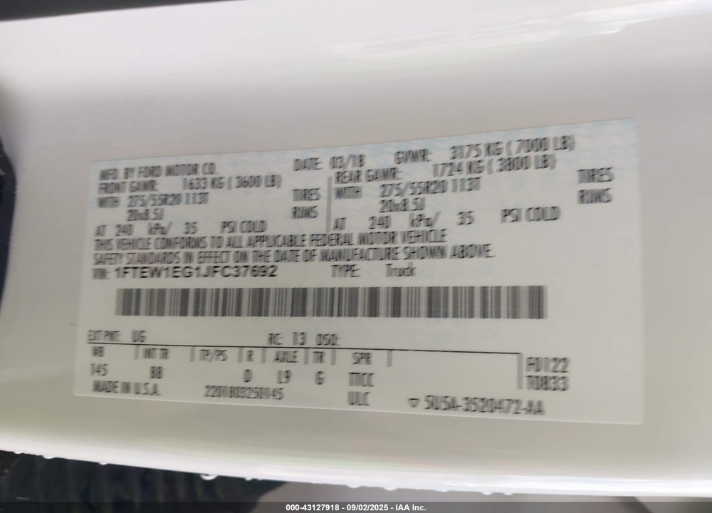 2018 FORD F-150 PLATINUM VIN: 1FTEW1EG1JFC37692