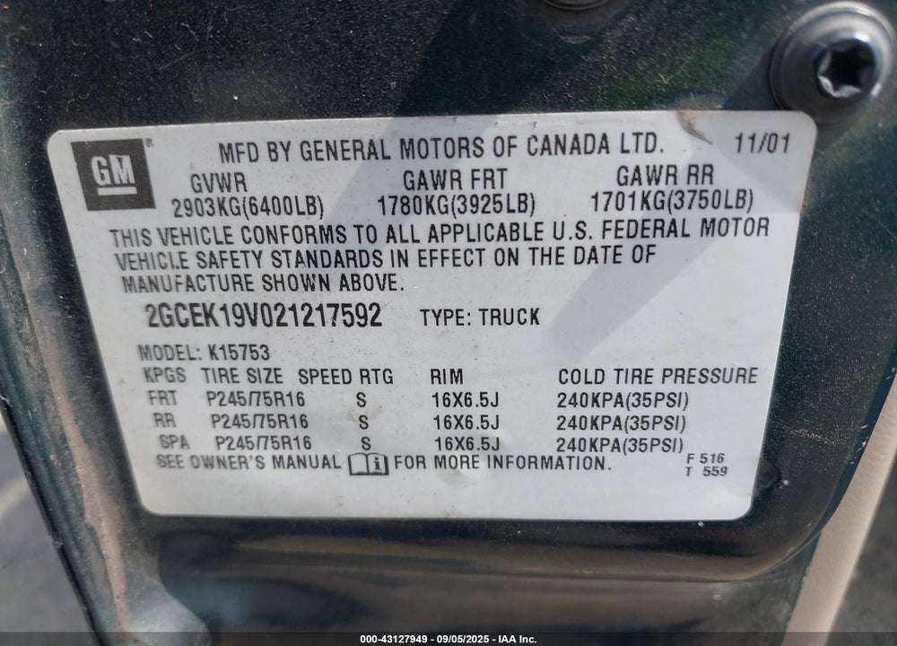 2002 CHEVROLET SILVERADO 1500 LS VIN: 2GCEK19V021217592