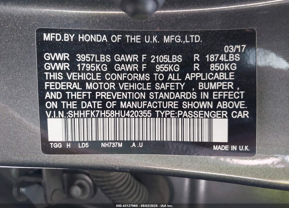 2017 HONDA CIVIC VIN: SHHFK7H58HU420355