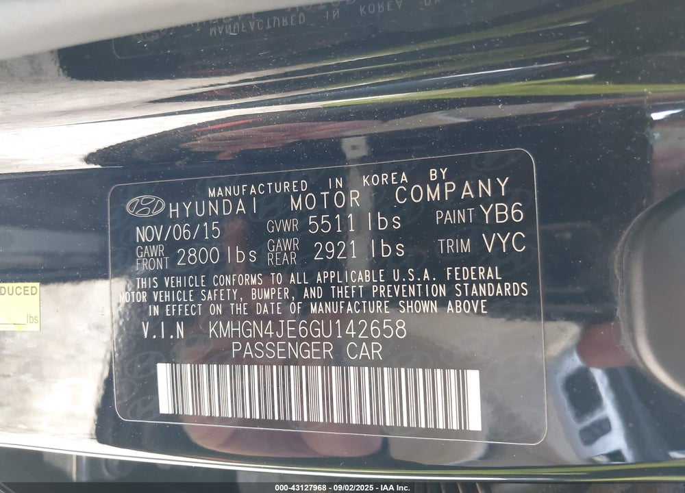 2016 HYUNDAI GENESIS VIN: KMHGN4JE6GU142658