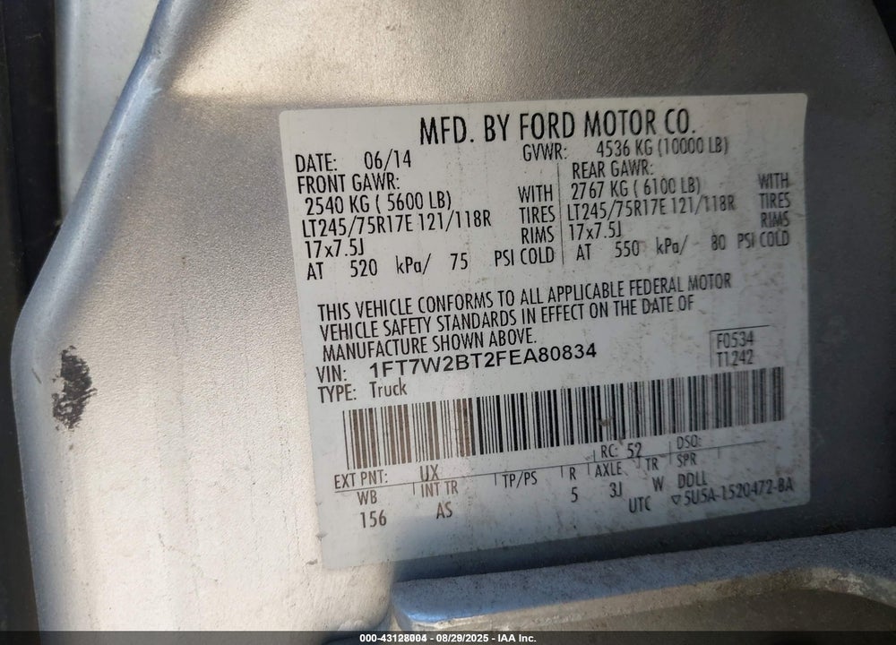 2015 FORD F-250 XL VIN: 1FT7W2BT2FEA80834