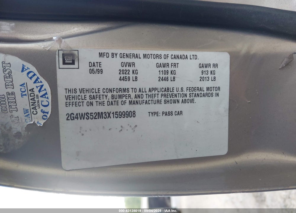 1999 BUICK CENTURY CUSTOM VIN: 2G4WS52M3X1599908