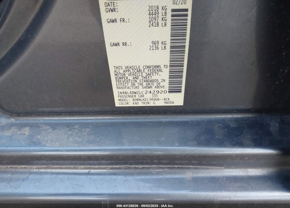 2020 NISSAN ALTIMA VIN: 1N4BL4DW2LC242920