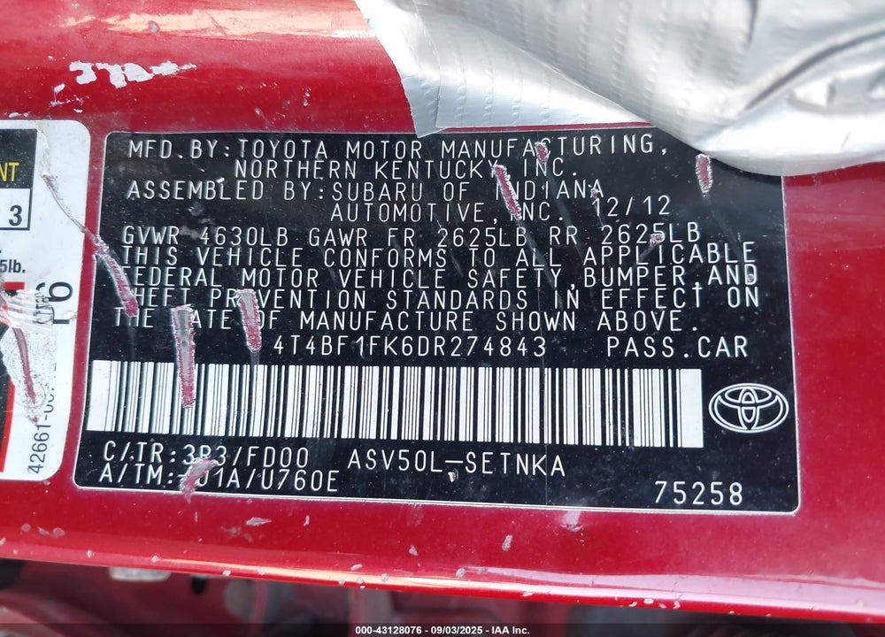 2013 TOYOTA CAMRY VIN: 4T4BF1FK6DR274843
