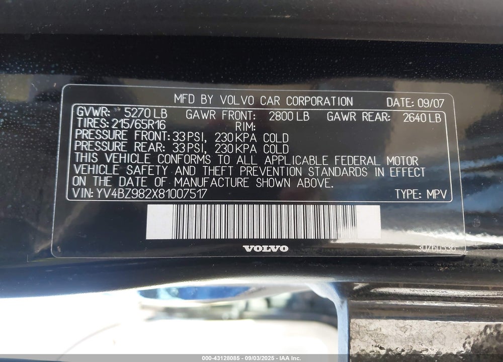2008 VOLVO XC70 3.2 VIN: YV4BZ982X81007517