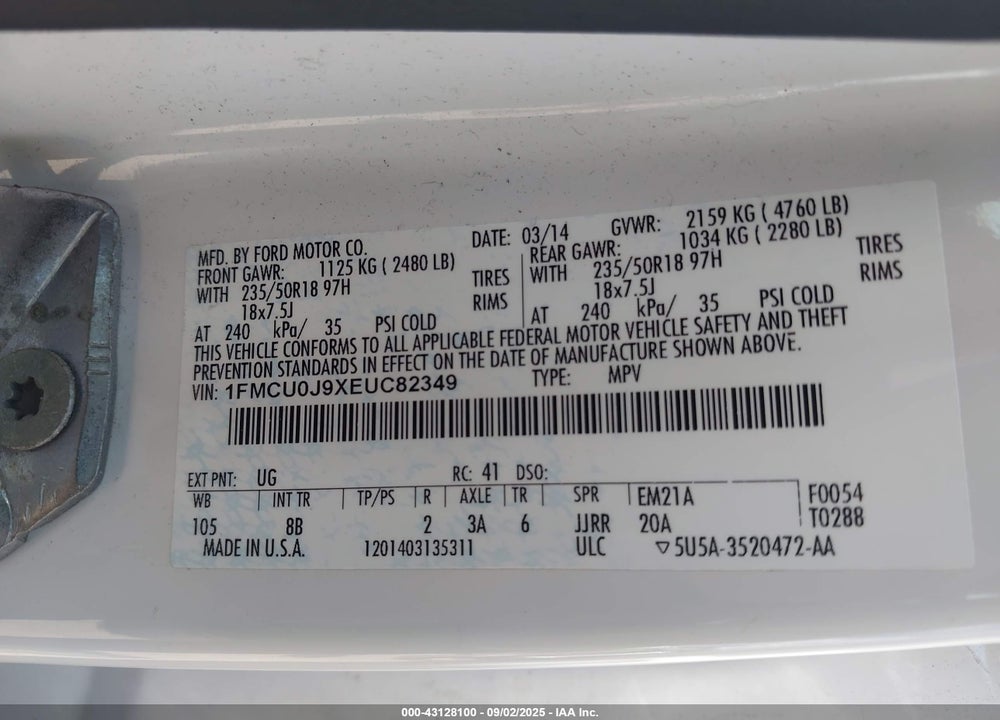 2014 FORD ESCAPE VIN: 1FMCU0J9XEUC82349