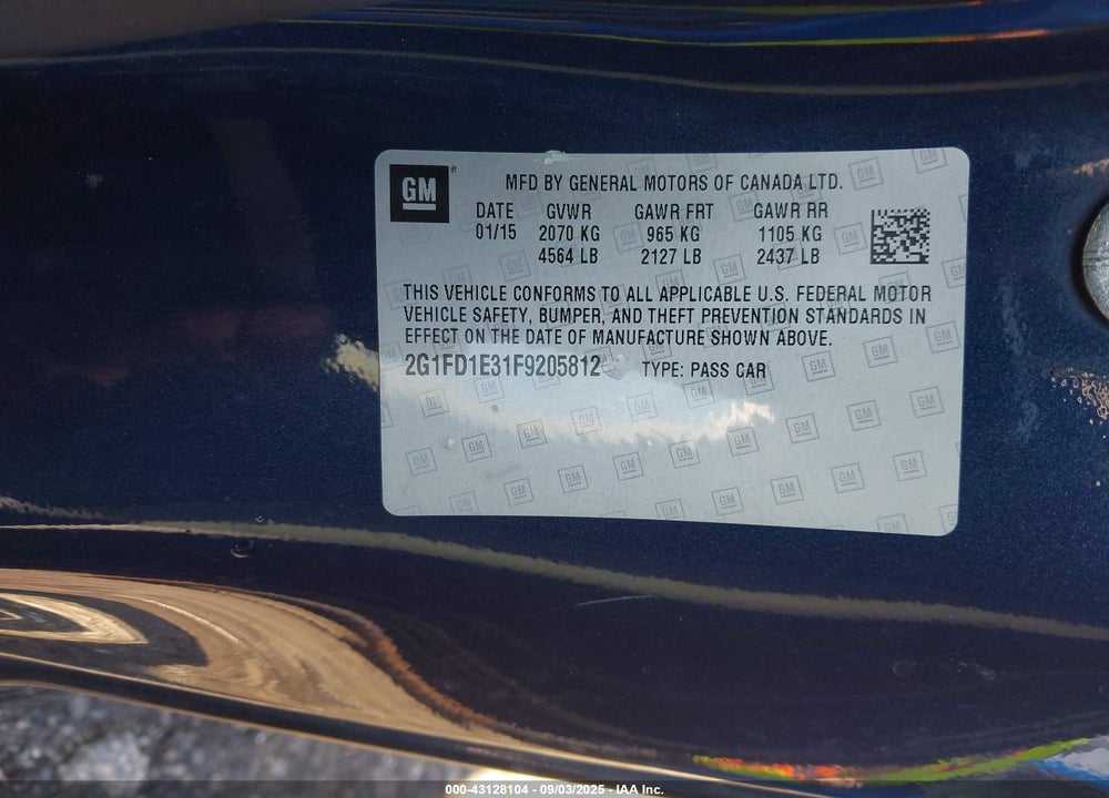 2015 CHEVROLET CAMARO VIN: 2G1FD1E31F9205812