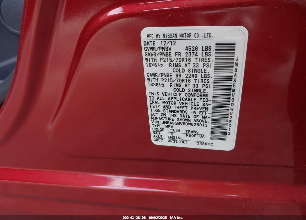 2013 NISSAN ROGUE VIN: JN8AS5MV8DW625013