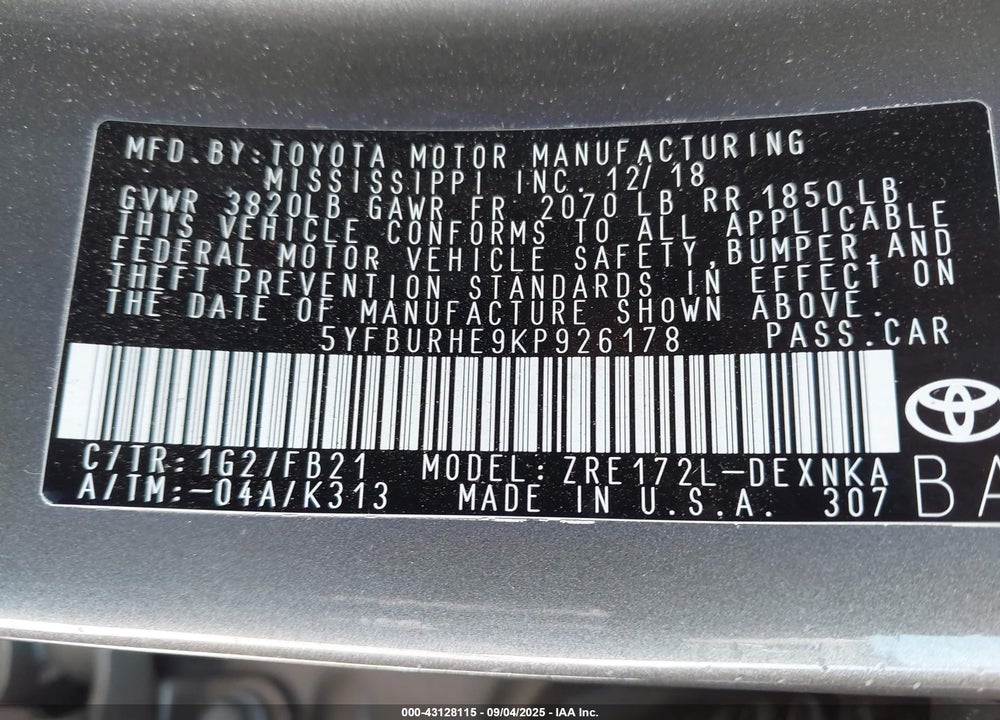 2019 TOYOTA COROLLA VIN: 5YFBURHE9KP926178