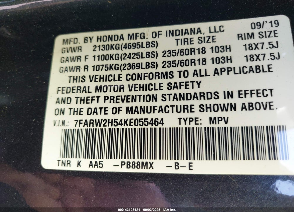 2019 HONDA CR-V VIN: 7FARW2H54KE055464