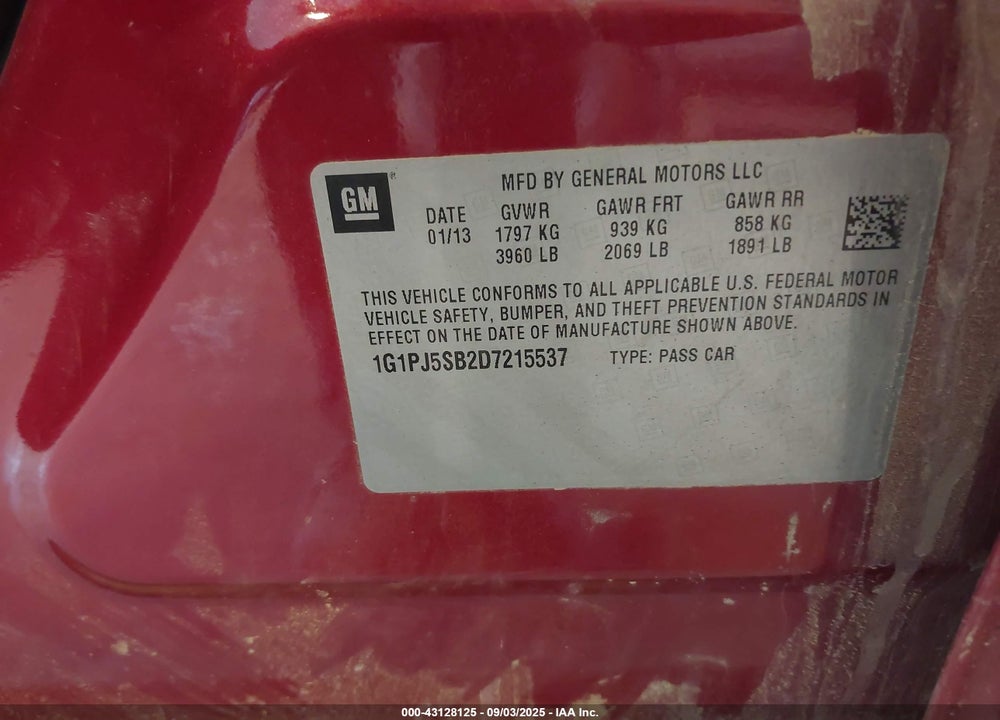 2013 CHEVROLET CRUZE VIN: 1G1PJ5SB2D7215537