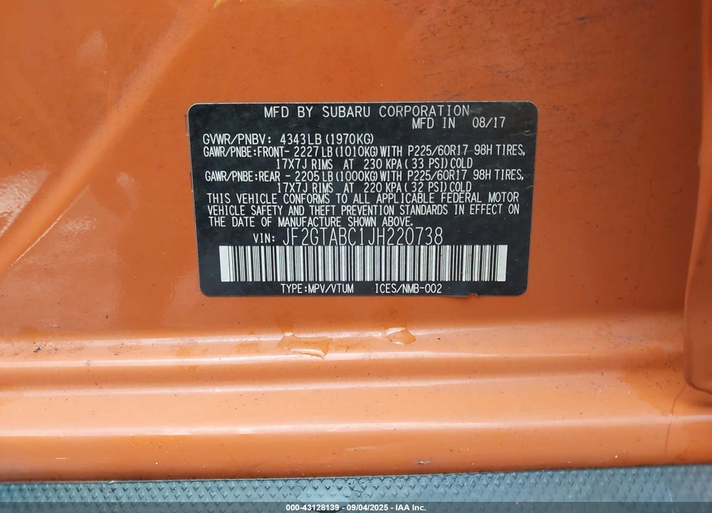 2018 SUBARU CROSSTREK VIN: JF2GTABC1JH220738