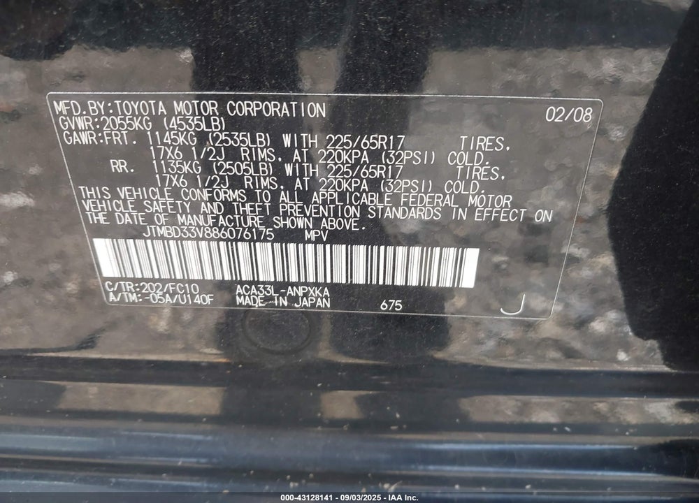 2008 TOYOTA RAV4 VIN: JTMBD33V886076175