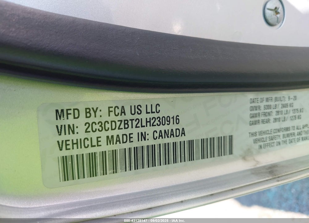 2020 DODGE CHALLENGER VIN: 2C3CDZBT2LH230916