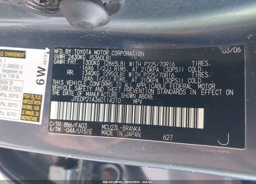 2006 TOYOTA HIGHLANDER V6 VIN: JTEDP21A360114210