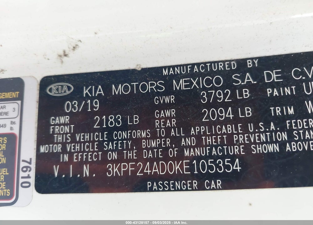 2019 KIA FORTE VIN: 3KPF24AD0KE105354