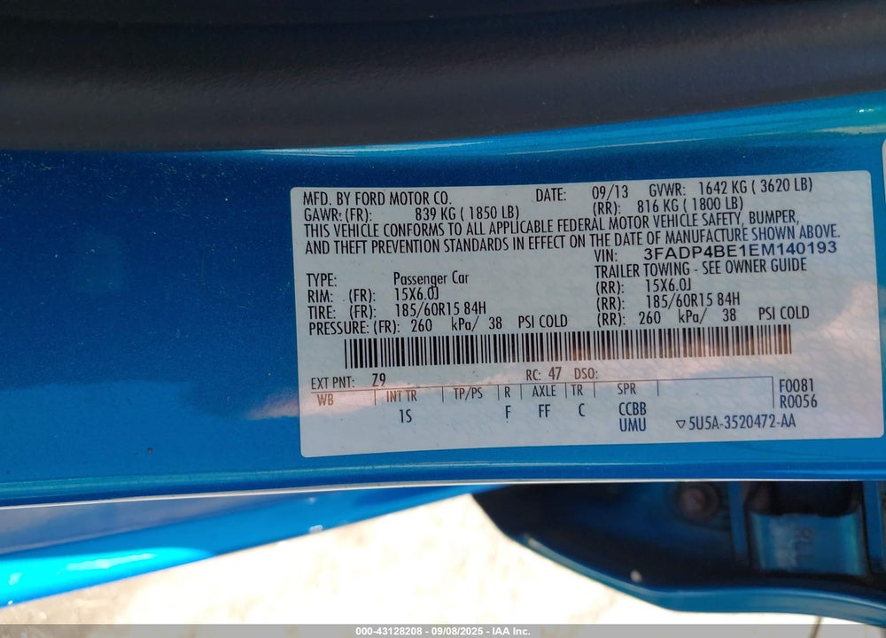 2014 FORD FIESTA VIN: 3FADP4BE1EM140193