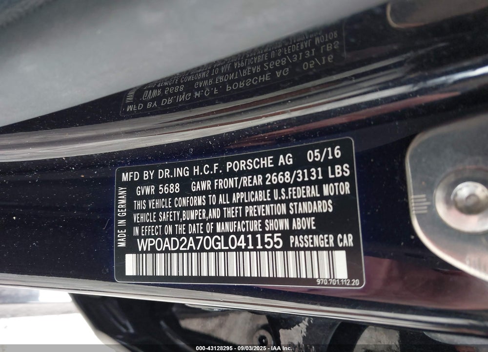 2016 PORSCHE PANAMERA VIN: WP0AD2A70GL041155