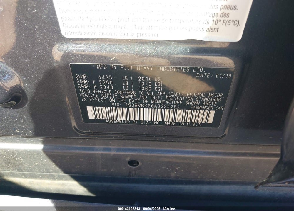 2010 SUBARU LEGACY VIN: 4S3BMBK66A3234251