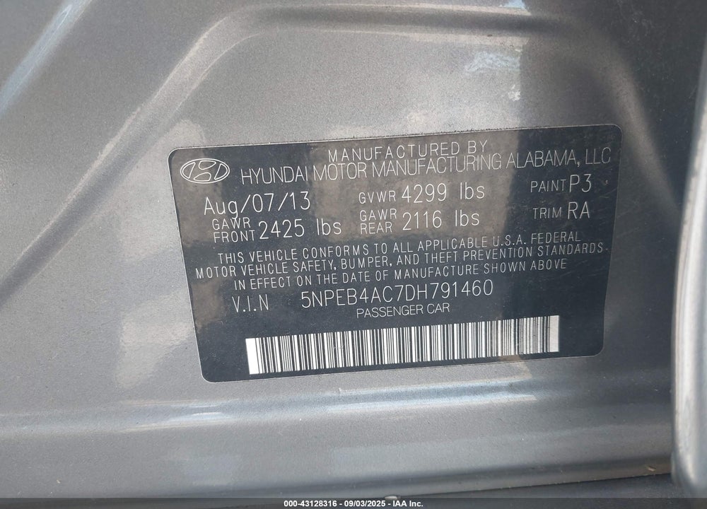 2013 HYUNDAI SONATA GLS VIN: 5NPEB4AC7DH791460