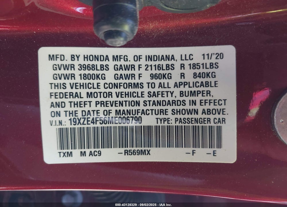 2021 HONDA INSIGHT EX VIN: 19XZE4F56ME006790