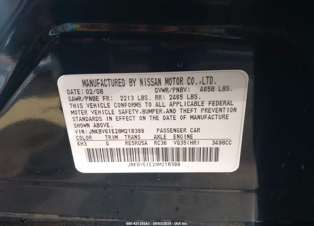 2008 INFINITI G35 JOURNEY VIN: JNKBV61E28M218399