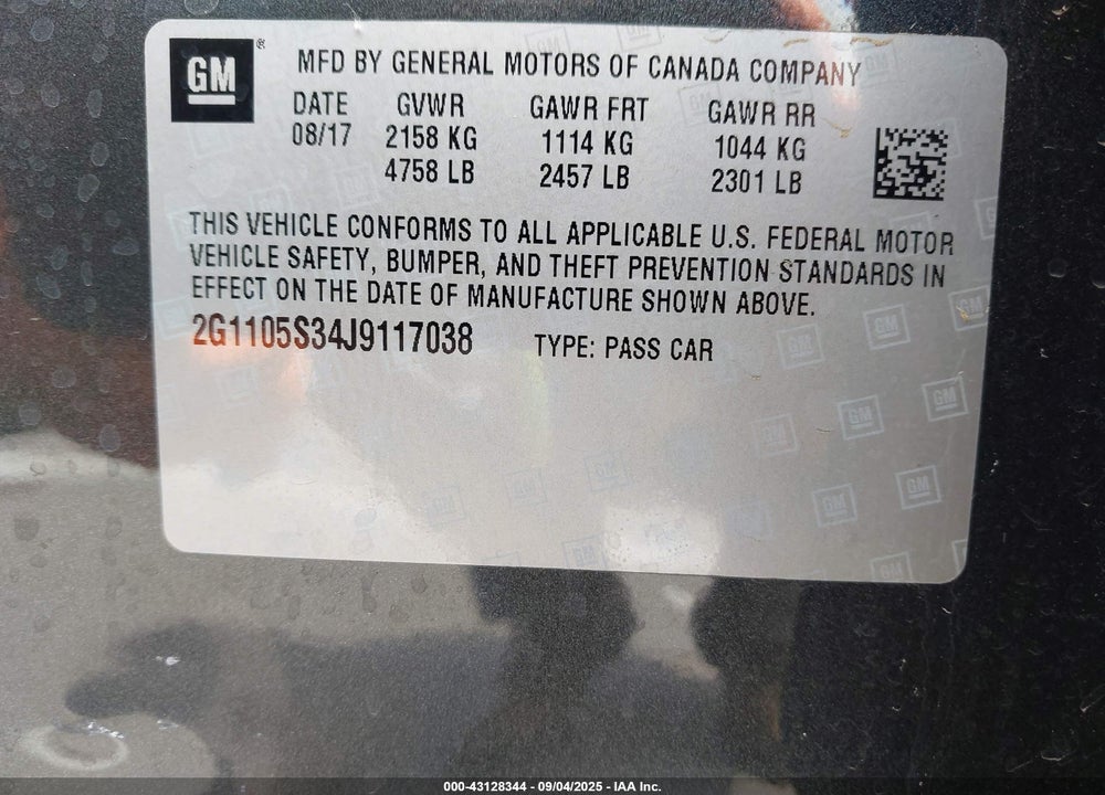 2018 CHEVROLET IMPALA VIN: 2G1105S34J9117038