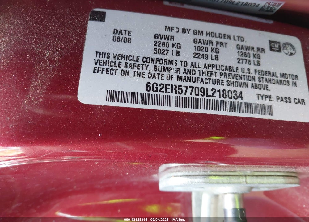 2009 PONTIAC G8 VIN: 6G2ER57709L218034