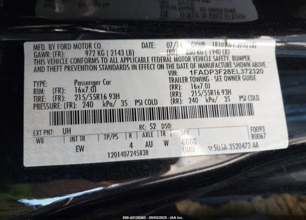 2014 FORD FOCUS VIN: 1FADP3F28EL372320