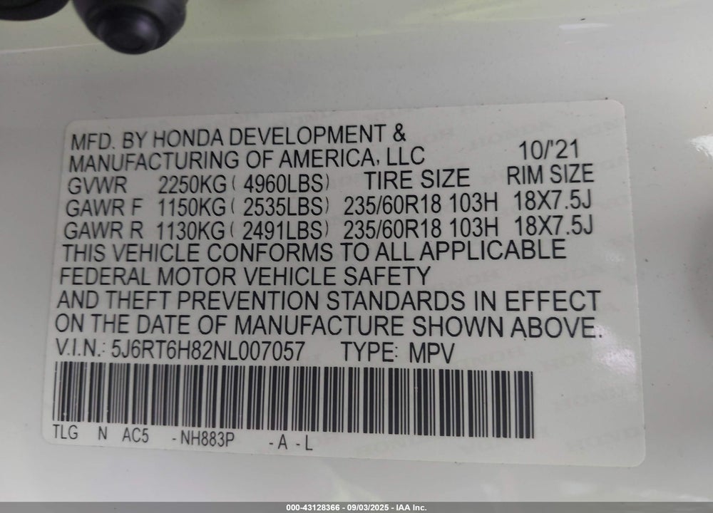 2022 HONDA CR-V HYBRID EX-L VIN: 5J6RT6H82NL007057