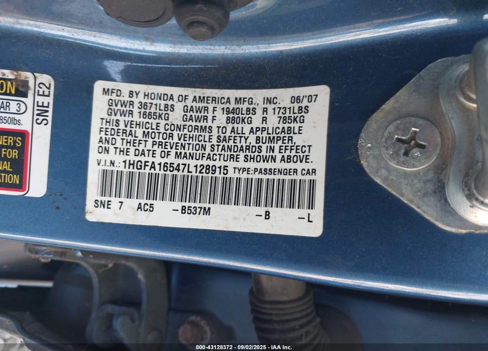 2007 HONDA CIVIC LX VIN: 1HGFA16547L128915