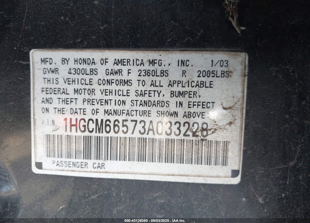 2003 HONDA ACCORD 3.0 EX VIN: 1HGCM66573A033228