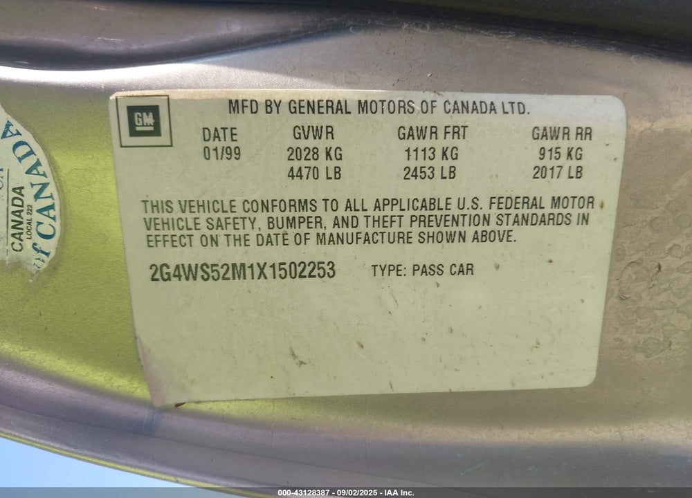 1999 BUICK CENTURY CUSTOM CMI VIN: 2G4WS52M1X1502253
