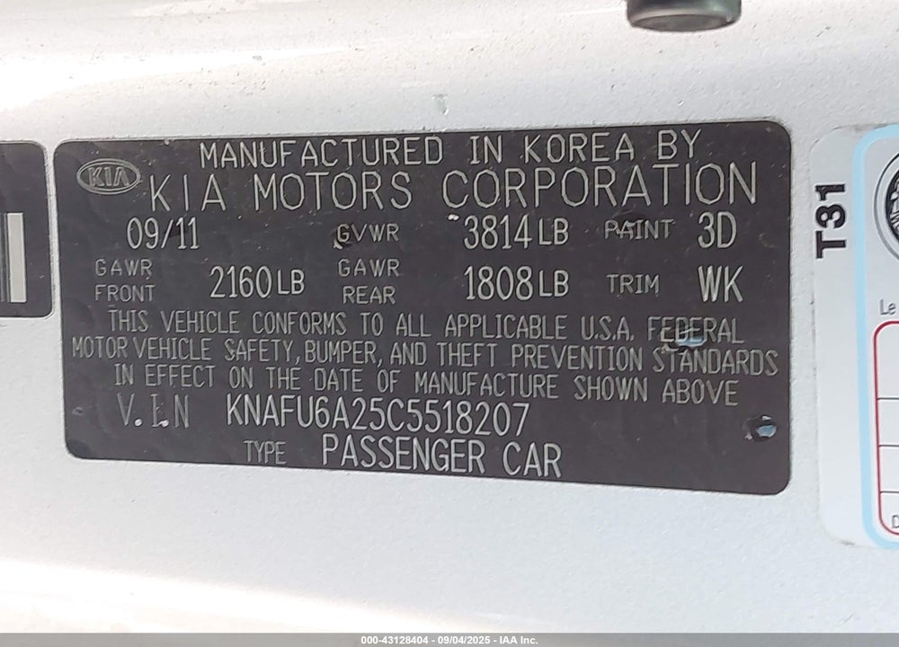 2012 KIA FORTE VIN: KNAFU6A25C5518207
