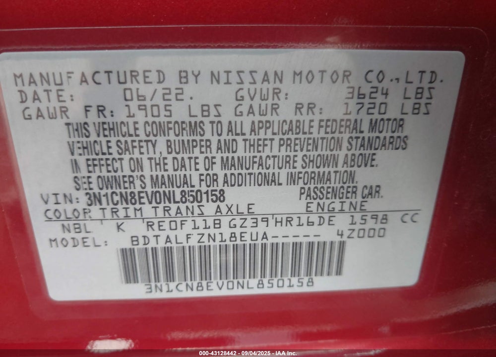 2022 NISSAN VERSA VIN: 3N1CN8EV0NL850158