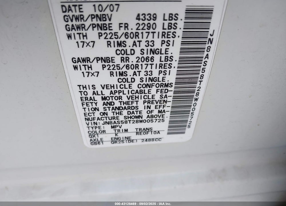 2008 NISSAN ROGUE SL VIN: JN8AS58T28W005725