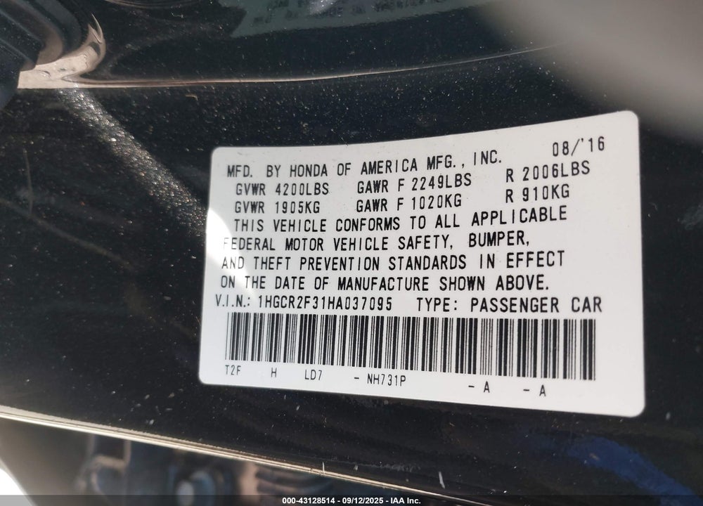 2017 HONDA ACCORD LX VIN: 1HGCR2F31HA037095