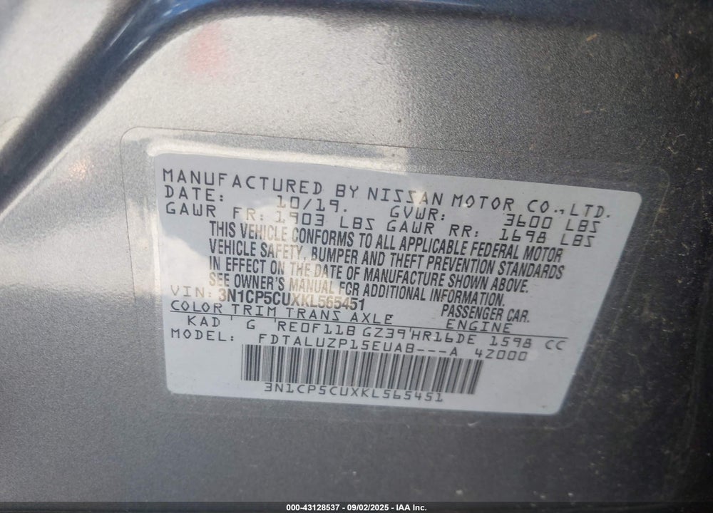 2019 NISSAN KICKS VIN: 3N1CP5CUXKL565451