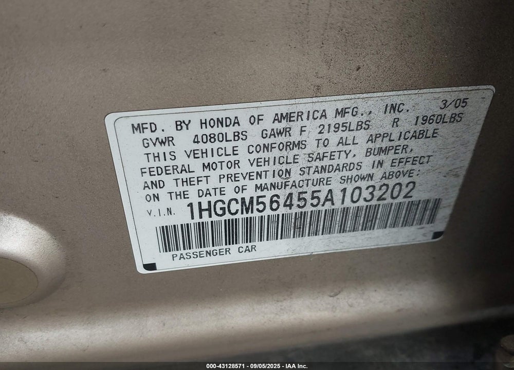 2005 HONDA ACCORD 2.4 LX VIN: 1HGCM56455A103202