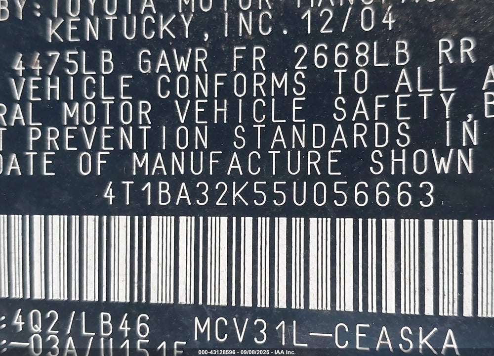 2005 TOYOTA CAMRY SE V6 VIN: 4T1BA32K55U056663