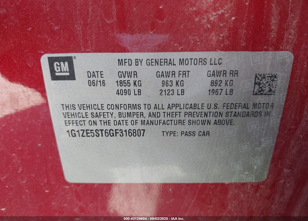 2016 CHEVROLET MALIBU VIN: 1G1ZE5ST6GF316807