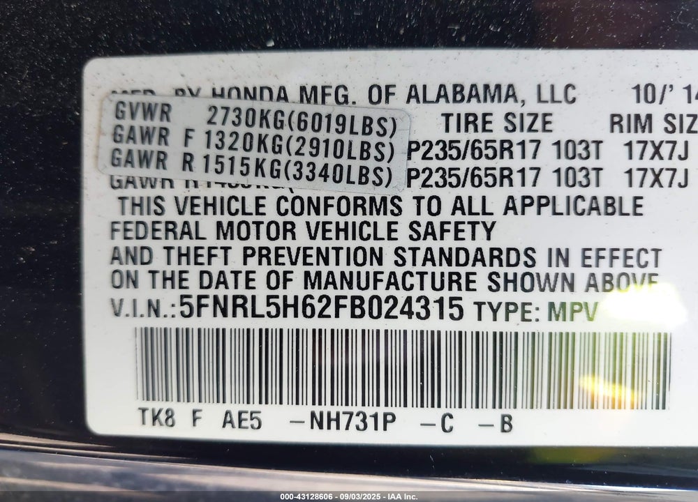 2015 HONDA ODYSSEY VIN: 5FNRL5H62FB024315